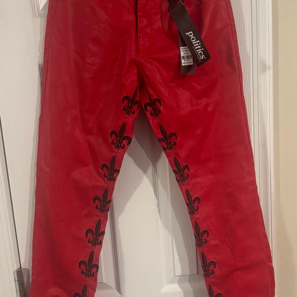 Politics Men's Red Jeans with Black Fleur-de-Lis